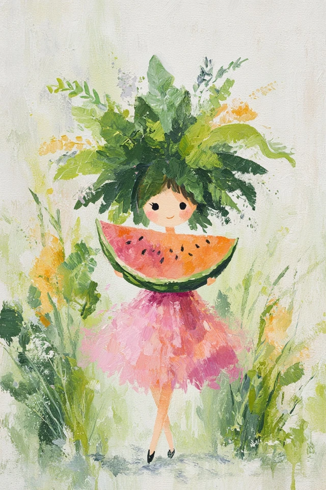 Watermelon Girl Oil Painting Whimsical Cartoon Art