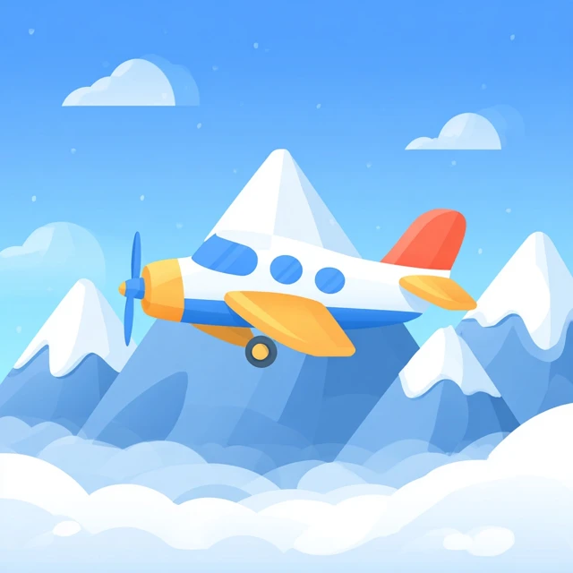 Cartoon Airplane Flying Above Snowy Mountains