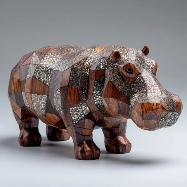 Wooden Geometric Hippopotamus Sculpture