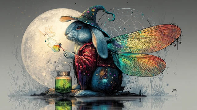 Whimsical Rabbit Witch with Dragonfly Wings Cartoon Art