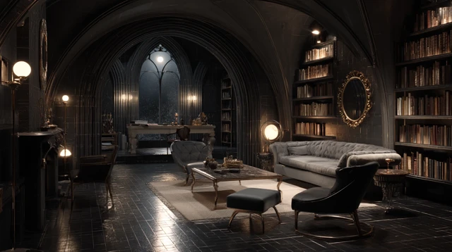 Cozy Gothic Library Room Night Time Interior