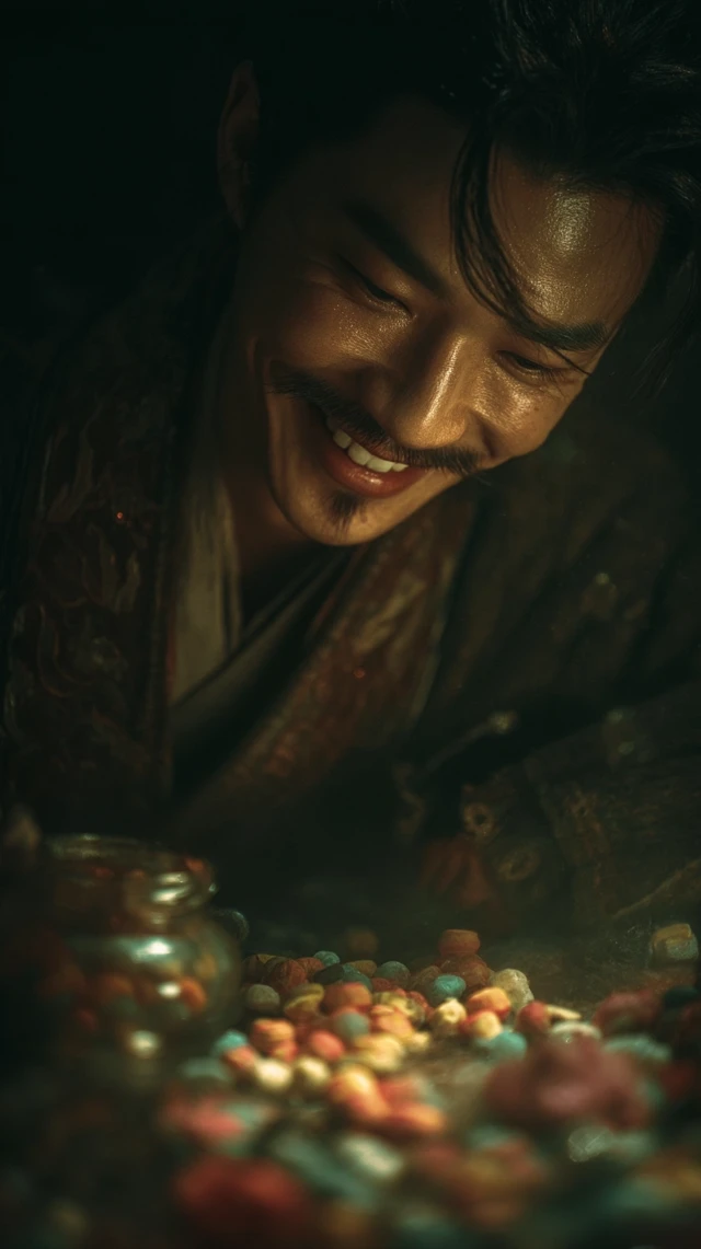 Ancient Chinese Man with Pills Smiling Late Night