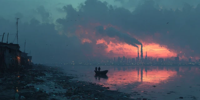 Evening Cityscape with Smog and River