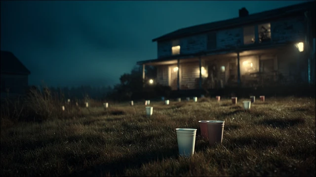 Eerie Party Scene Abandoned House at Dawn