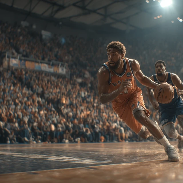 Basketball Players in Action at Arena