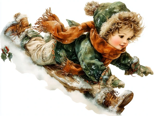 Christmas Boy Sledding in Snowy Watercolor Art