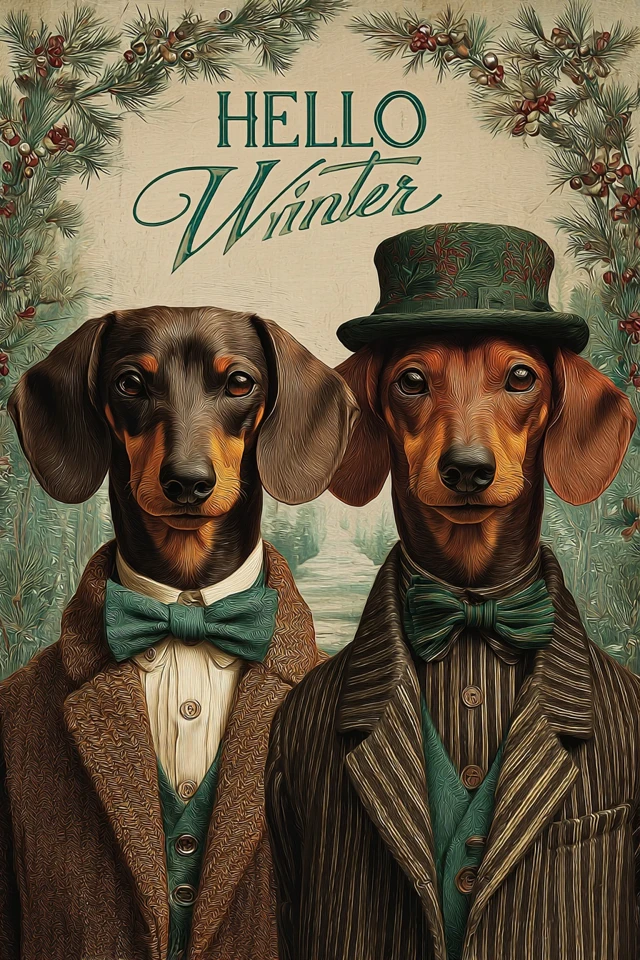 Dachshunds in Tweed Suits Winter Portrait