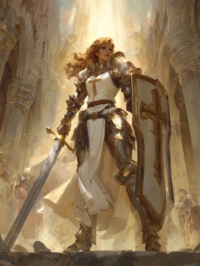 Female Paladin Jin de ValLys in Divine Light Fantasy Art