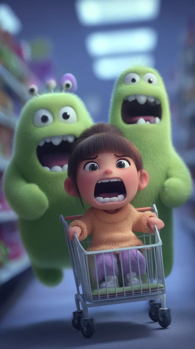 Girl in Shopping Cart Chased by Monsters 3D Cartoon