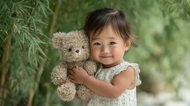Adorable Asian Baby Girl with Teddy Bear