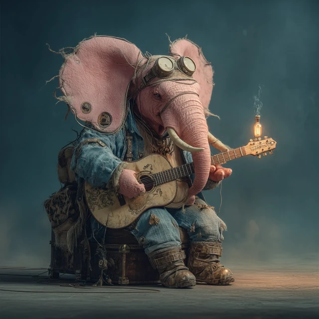 Pink Elephant Playing Guitar Steampunk Style