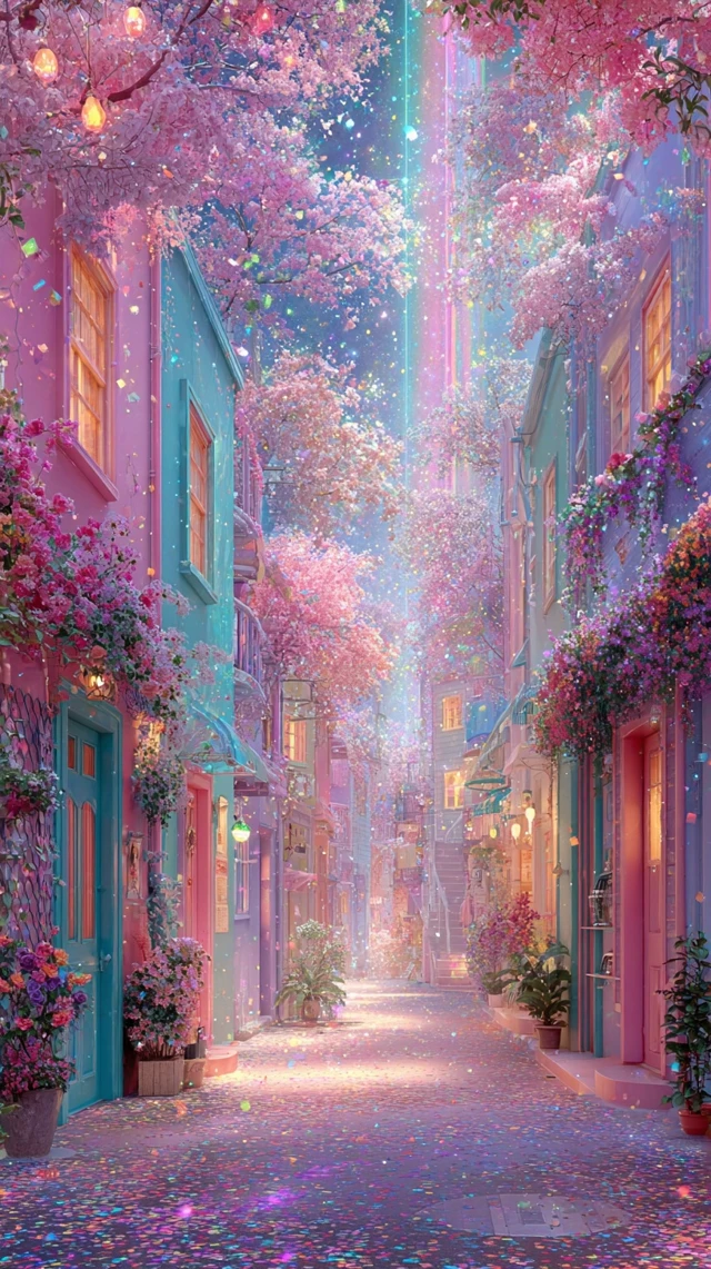 Dreamy Pastel Town Blooming With Flowers