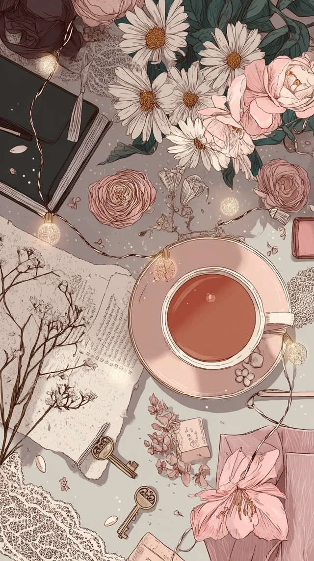 Cottagecore Flatlay Illustration: Flowers Tea and Lace