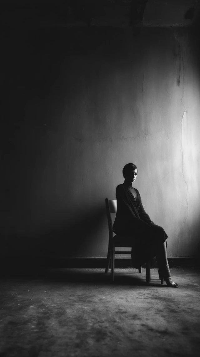 Woman in Empty Room: Introspective B&W Photography