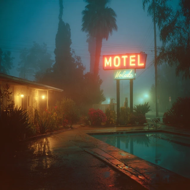 Eerie Motel Scene Pool and Foggy Night Photography