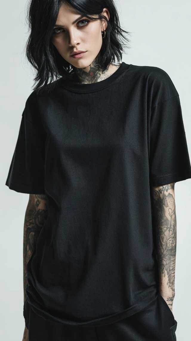 Tattooed Model in Black Oversized Tee Fashion Photo