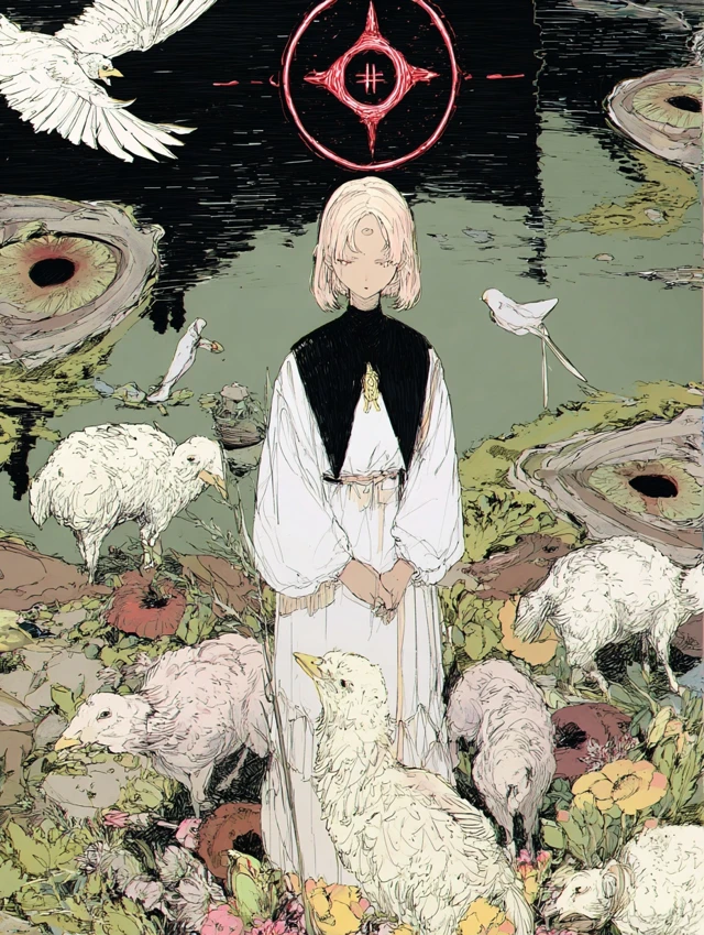Anime Art Girl Surrounded by Pigeons