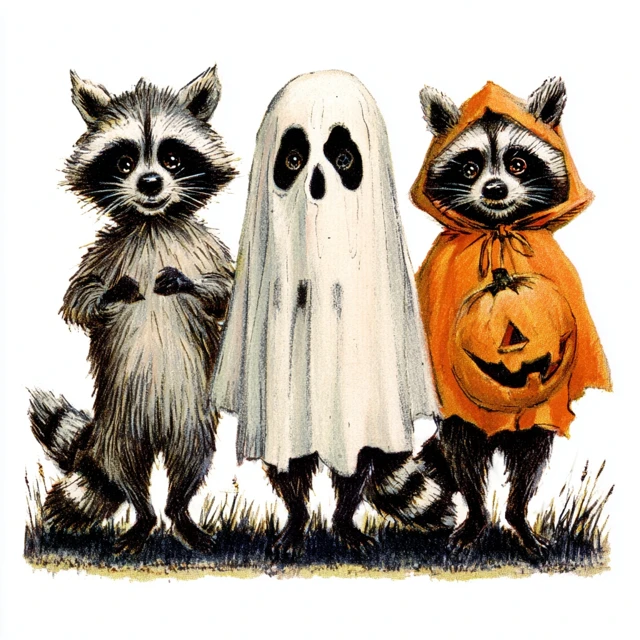 Halloween Raccoons Cartoon Illustration Vintage