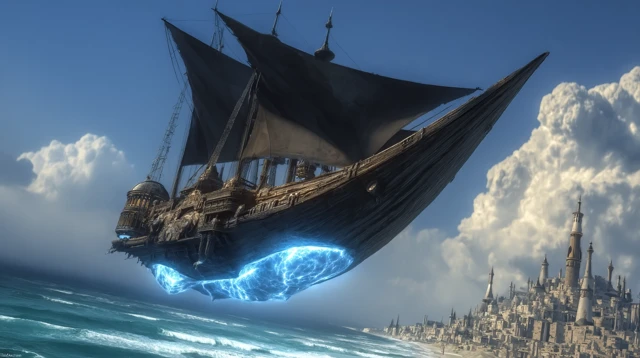 Fantasy Airship Soaring Over a Coastal City