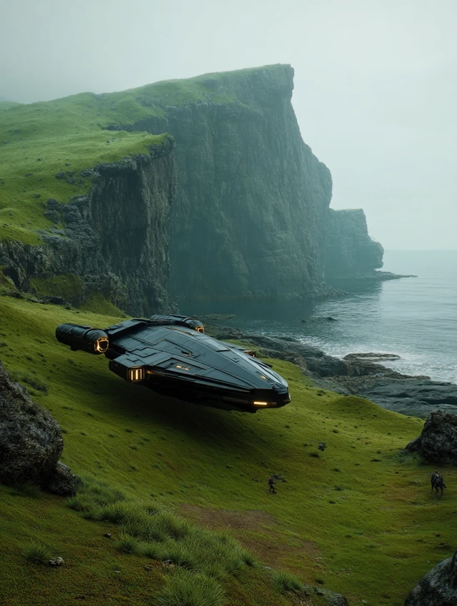 Spaceship Hovering Over Coastline - Cinematic Sci-Fi