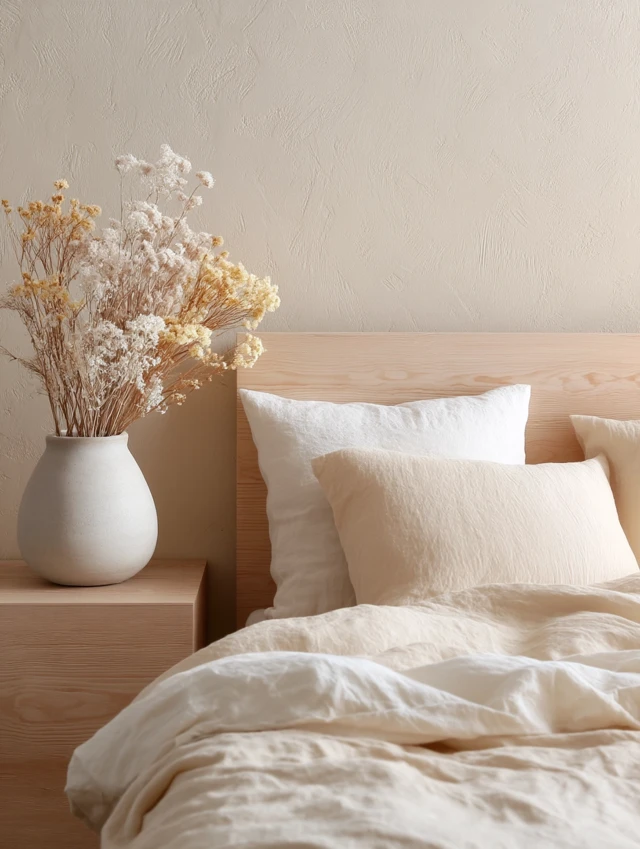 Calming Bedroom Corner with Linen Sheets and Flowers