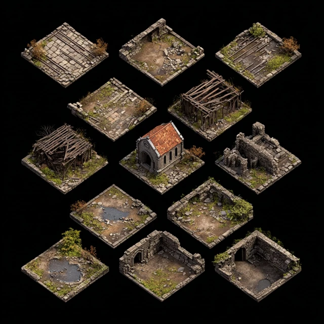 Isometric Tile Map Sprite Sheet Abandoned Town 3D