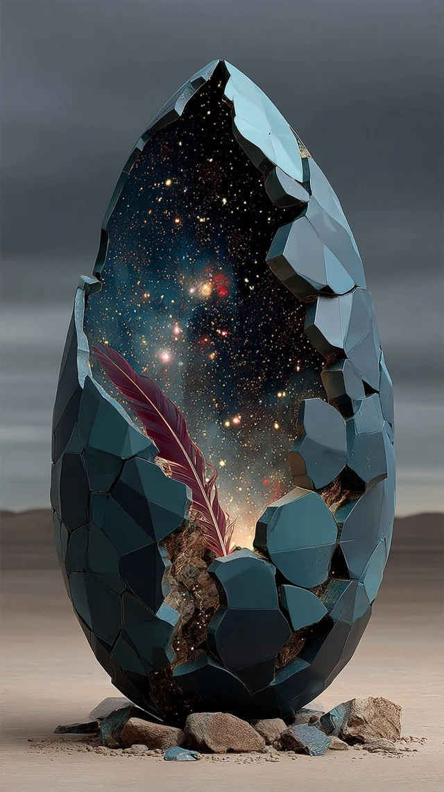 Cosmic Rebirth A Lone Figure and Nebula Egg