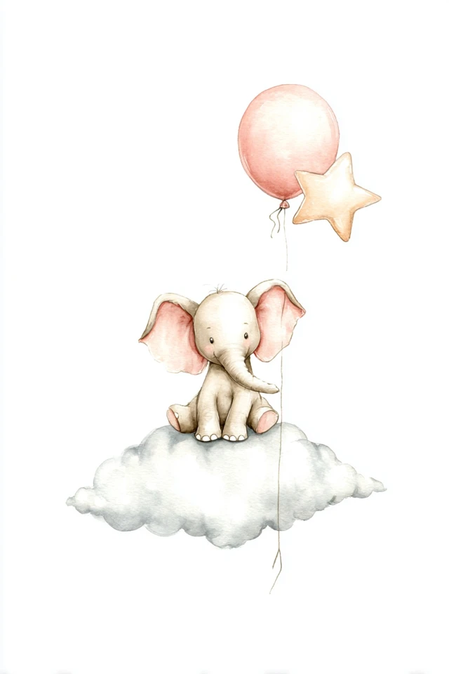 Cute Elephant on Cloud with Balloon and Star