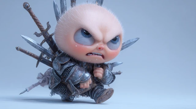 3D Chibi Warrior Running Anxious Character Illustration