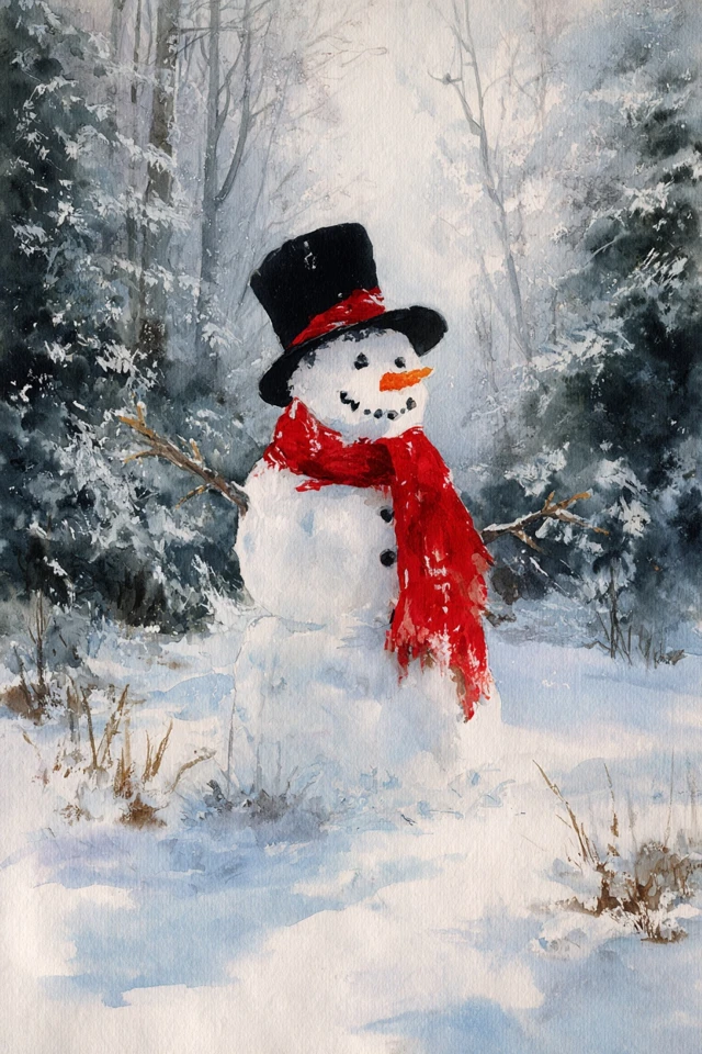 Snowman in Snowy Forest Watercolor Painting