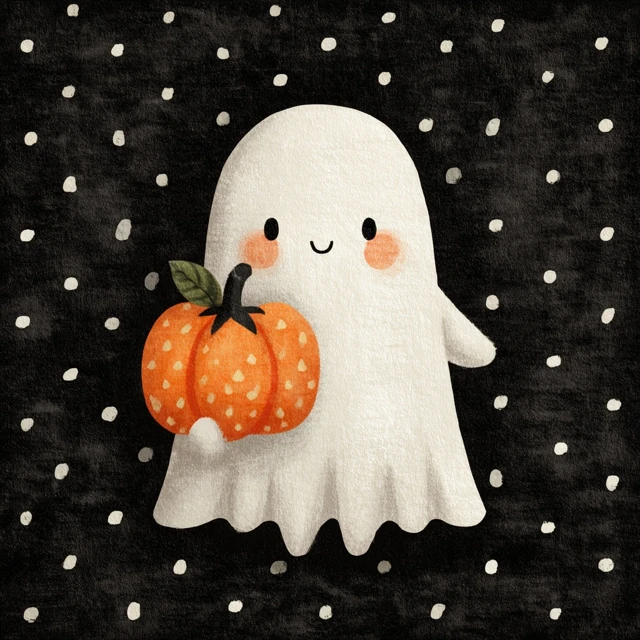 Cute Ghost with Pumpkin Vintage Halloween Illustration