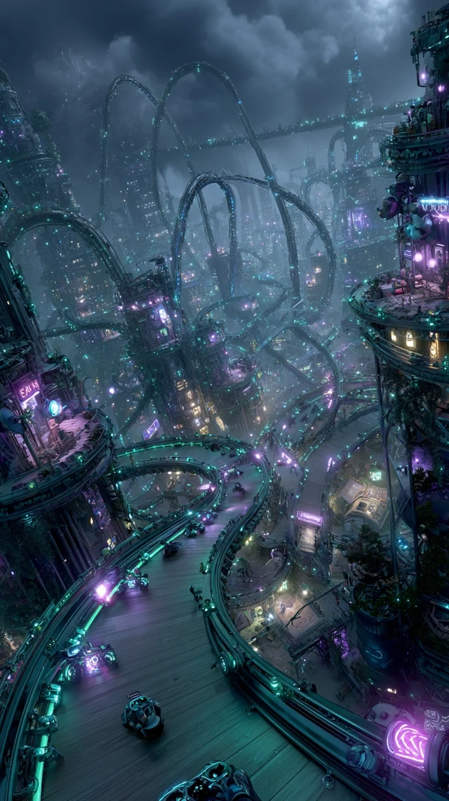Cyberpunk Racetrack Above a Neon City Skyline