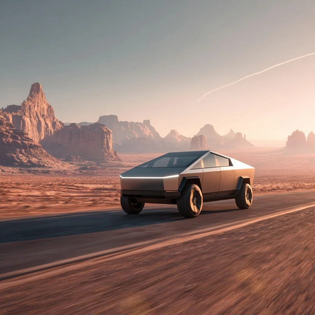 Futuristic Pickup Truck Driving Through Desert Landscape