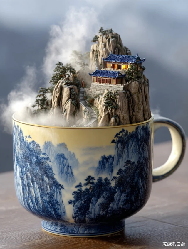 Miniature Mountain Tea Cup Landscape with Golden Light