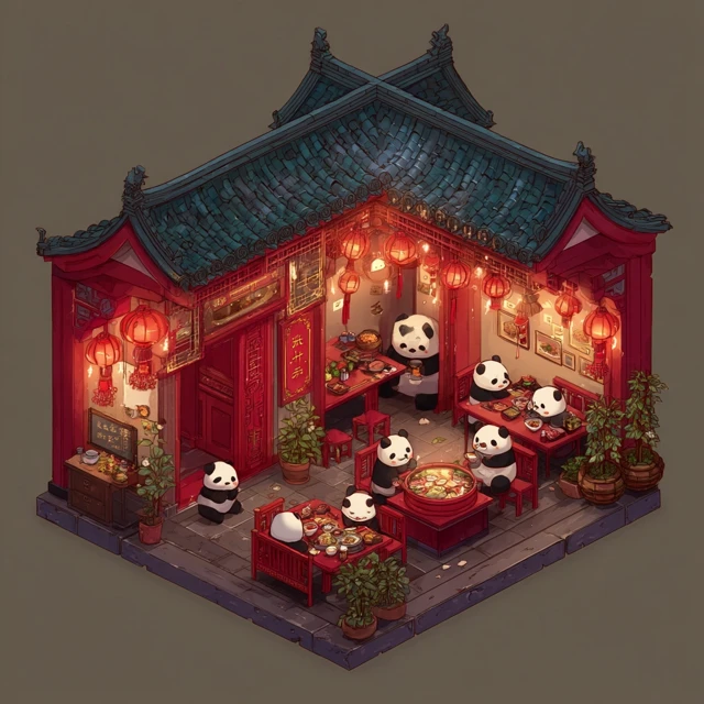 Cute Panda Hot Pot Restaurant Isometric Illustration