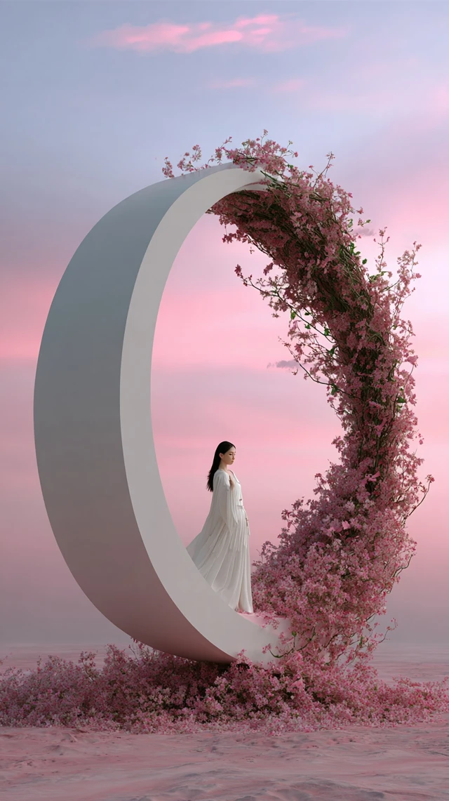 Dreamy Woman and Moon Floral Installation