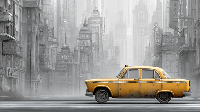 Vintage Taxi in Cinematic Cityscape Illustration