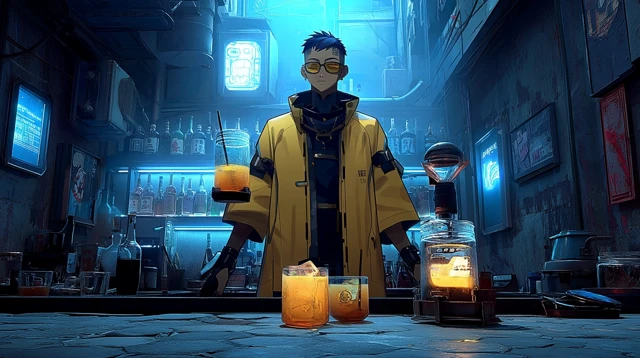 Cyberpunk Character Drinking a Glowing Beverage