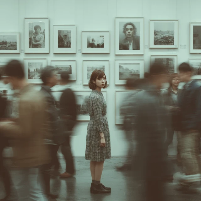 Exhibition Hall Scene Woman and Visitors