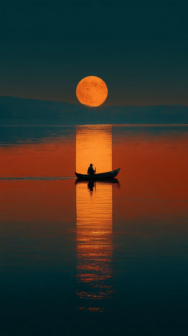 Lone Boater Under the Orange Moon Surreal Lake Scene