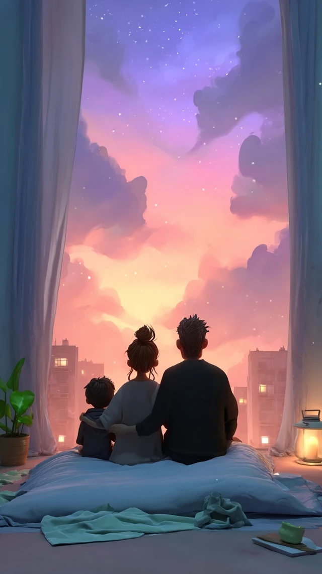 Family Watching the Sunset Together 3D Render