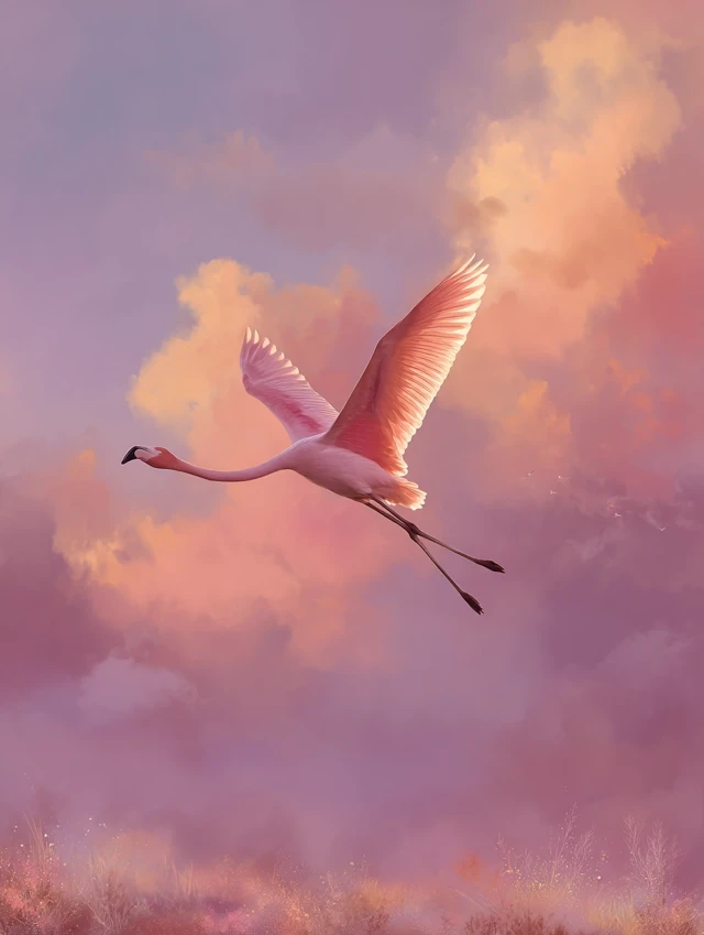 Dreamy Flamingo Flight at Dusk Pastel Art