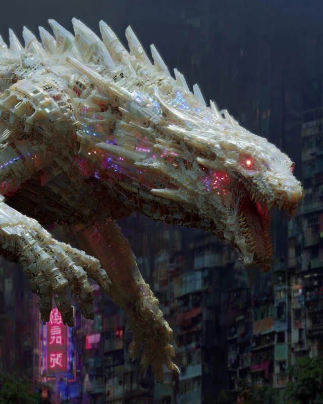 Biomechanical Dragon Over Cyberpunk World