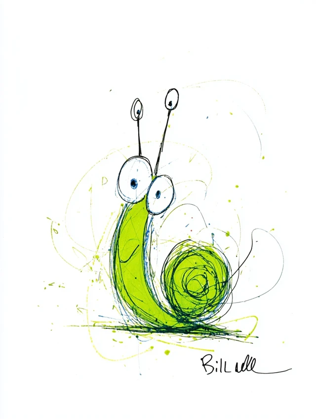 Cute Green Snail Cartoon Illustration by Bill Waterson
