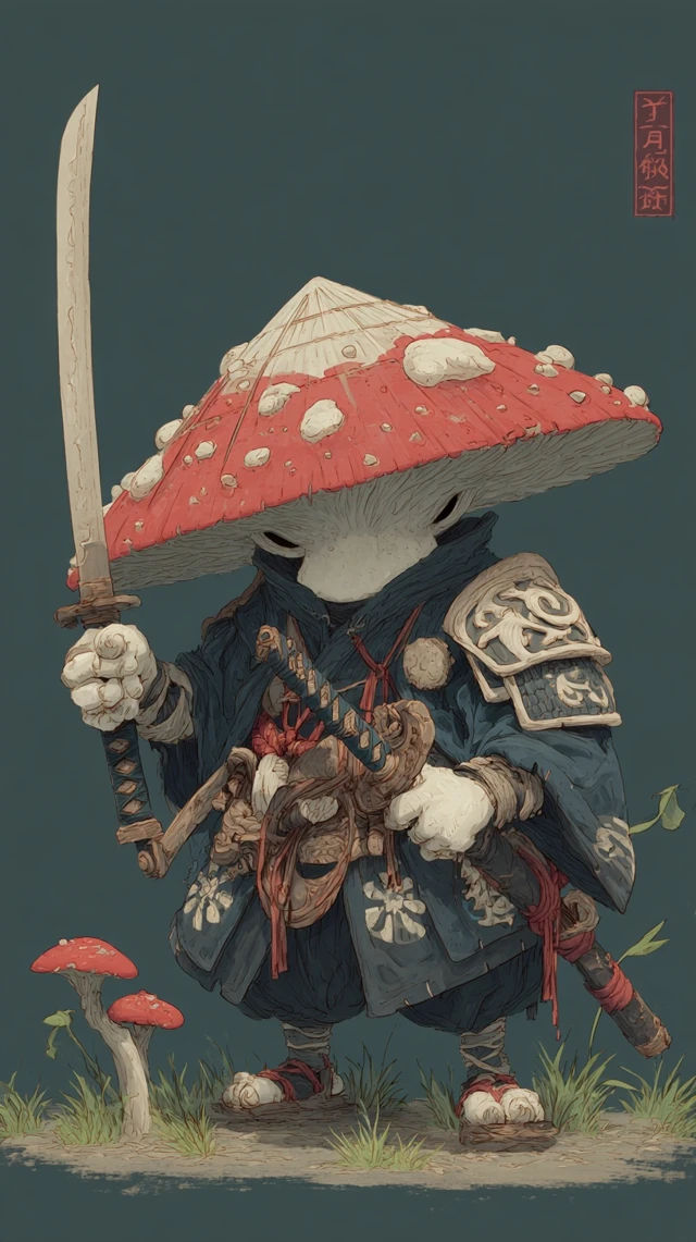 Mushroom Samurai Warrior in Japanese Dark Anime Style