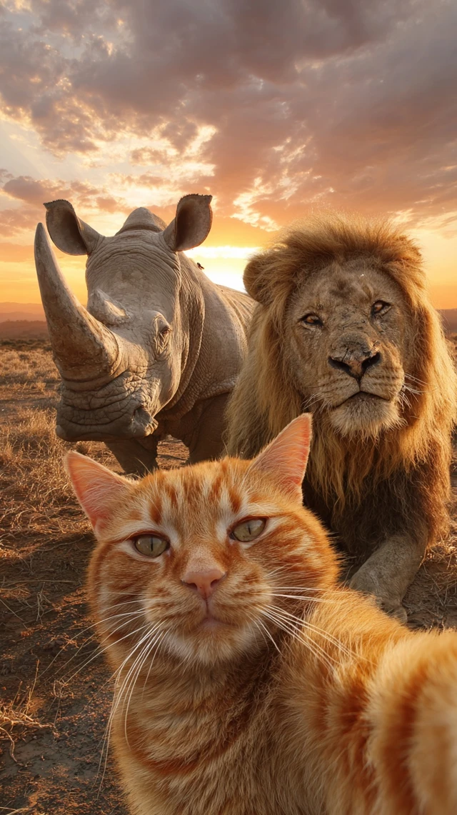 Cat Lion Rhino Selfie on African Savanna Sunset
