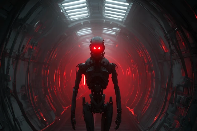Futuristic Robot in Spaceship Corridor Cinematic Image
