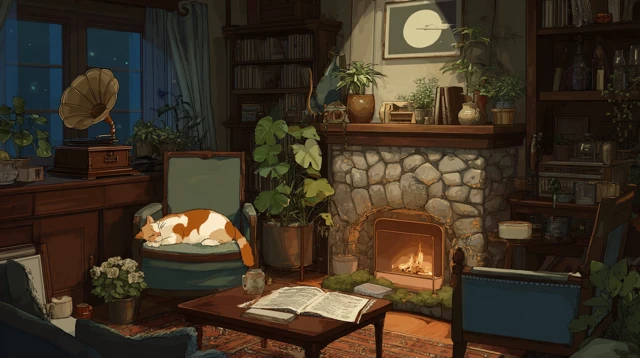 Cozy Vintage Living Room Anime Style