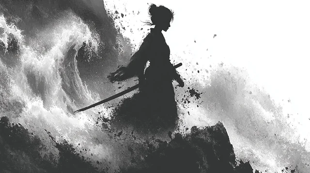 Female Swordsman on Cliff Chinese Ink Wash Painting