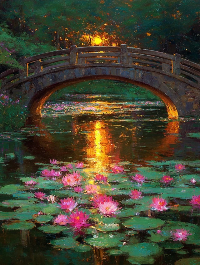 Impressionist Sunset Bridge Oil Painting